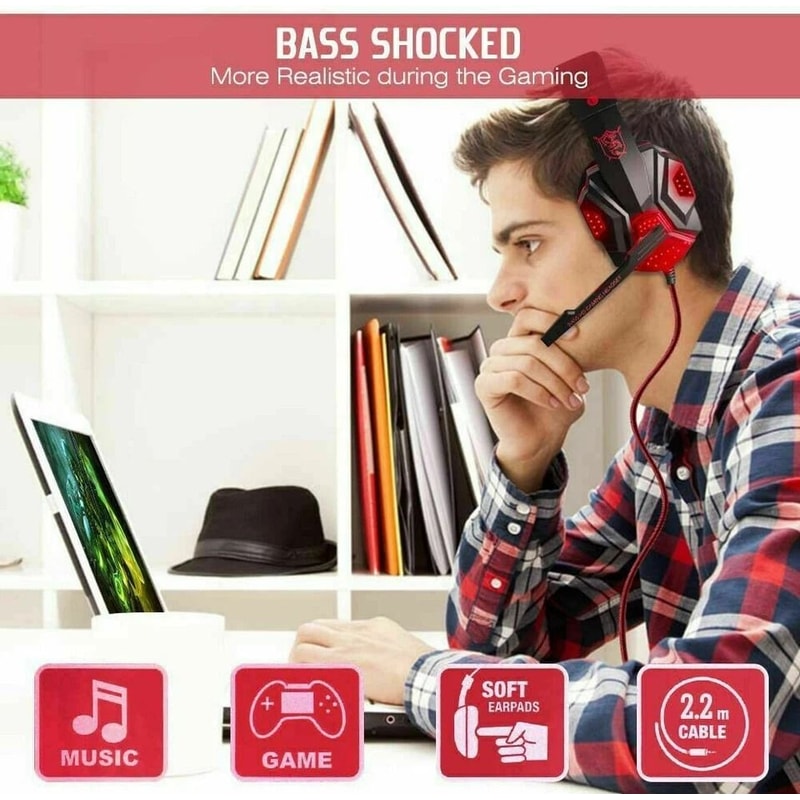 LED Gaming Headset With Stereo Bass For PC Xbox One Comfortable Surround Sound 5