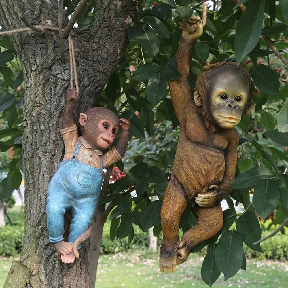 Monkey Chimp Hanging Rope Garden Ornament Outdoor Resin Sculpture For Garden Decor 2