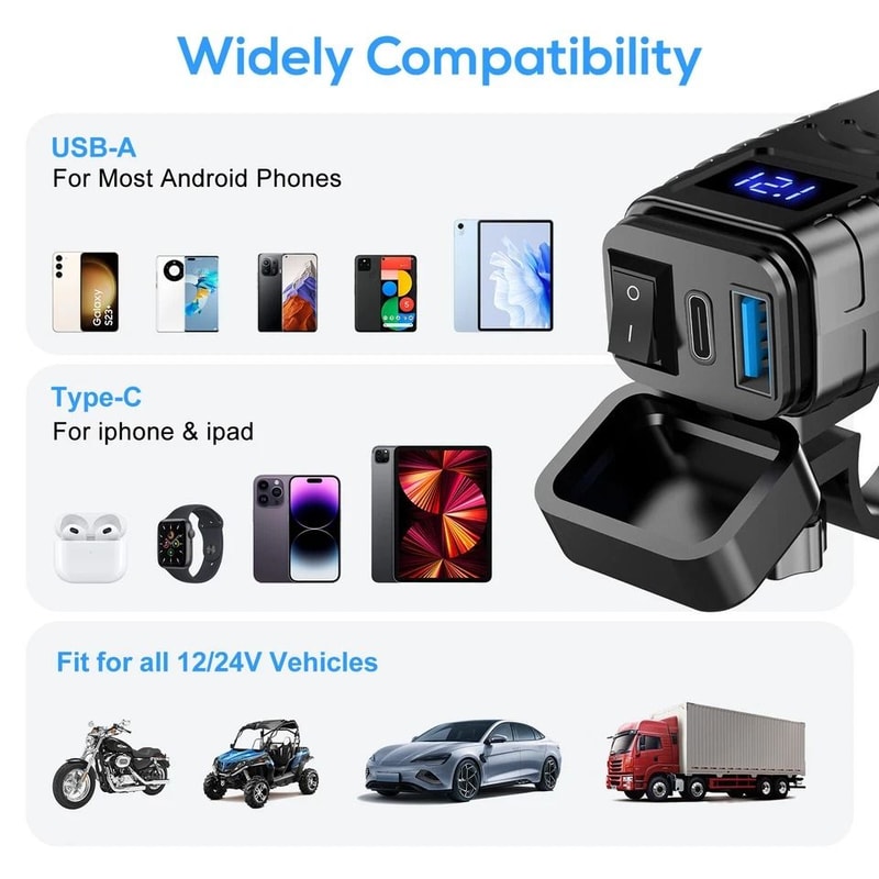 Motorcycle Dual USB Super Fast Charger Adapter Waterproof LED Display For Phone 5