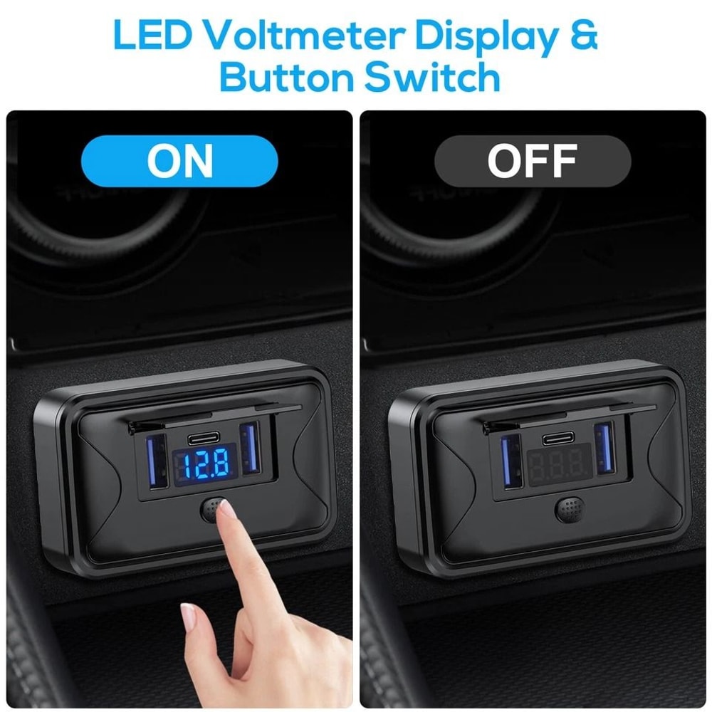 Dual USB PD Car Fast Charger Socket With LED Voltmeter OnOff Switch 2