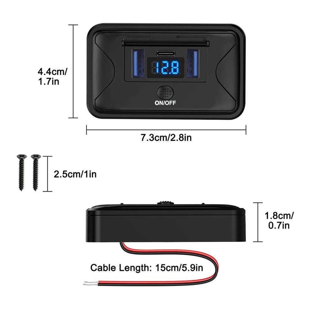 Dual USB PD Car Fast Charger Socket With LED Voltmeter OnOff Switch 4