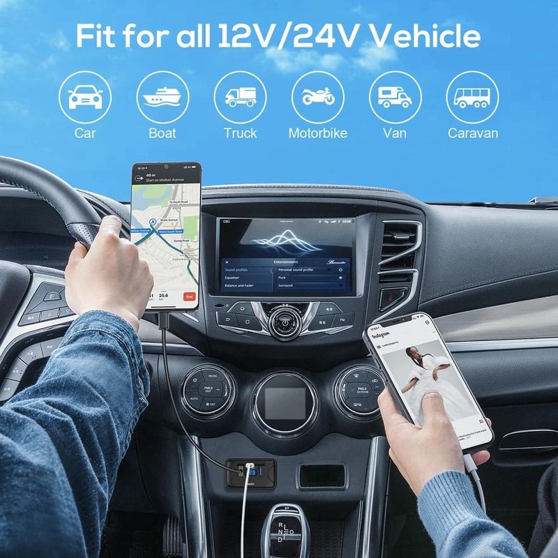 Dual USB PD Car Fast Charger Socket With LED Voltmeter OnOff Switch 6