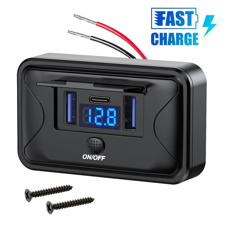 Dual USB PD Car Fast Charger Socket With LED Voltmeter OnOff Switch 7