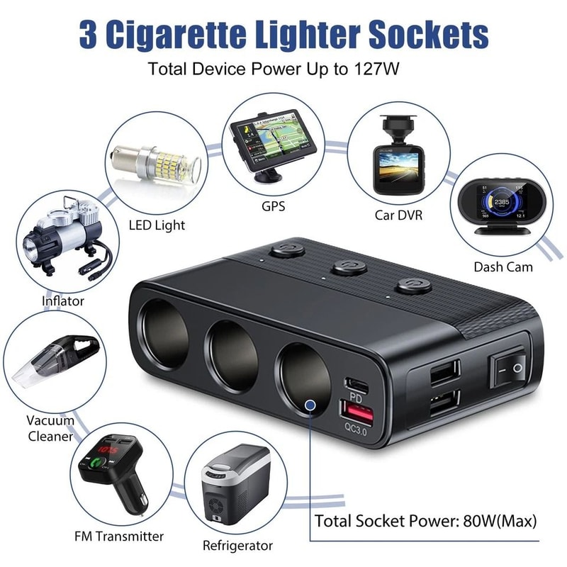 Car Cigarette Lighter Socket Splitter Power Adapter Quick Charge USB 6