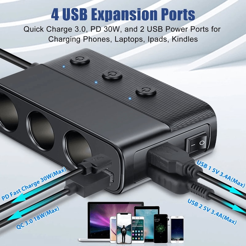 Car Cigarette Lighter Socket Splitter Power Adapter Quick Charge USB 8