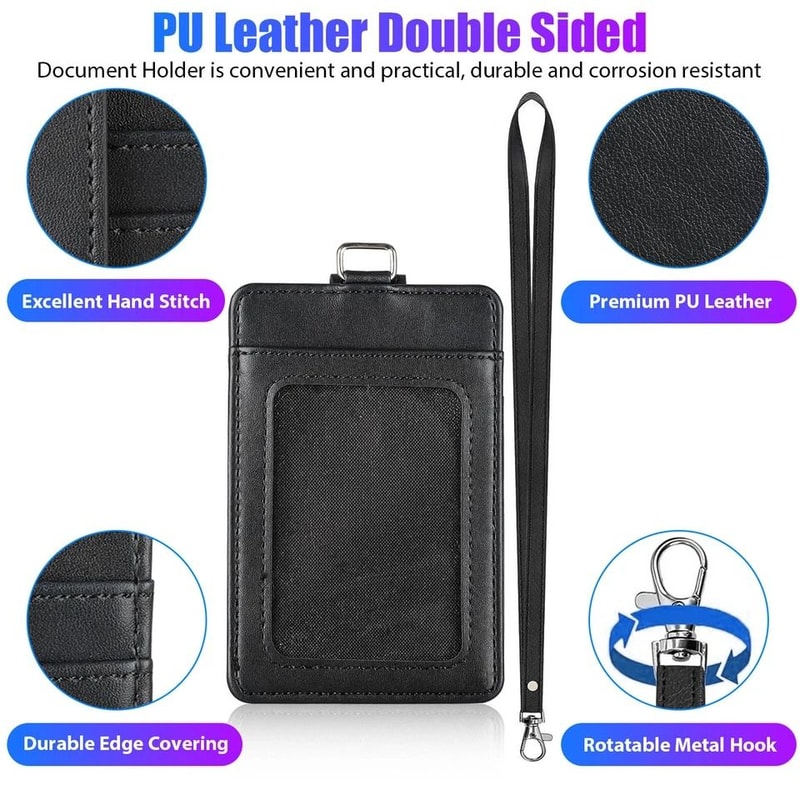 PU Leather ID Badge Holder With Vertical Clip And Neck Strap Durable Secure Stylish Lanyard Case 1