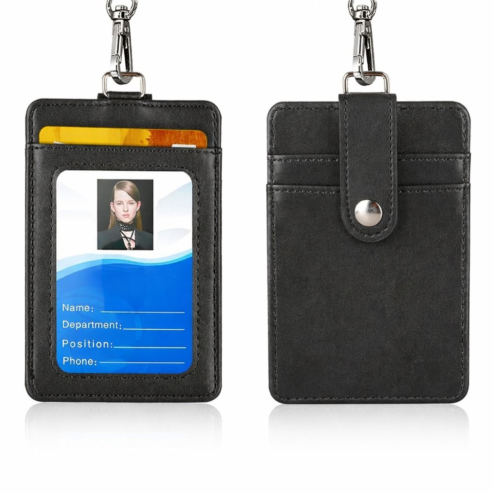 PU Leather ID Badge Holder With Vertical Clip And Neck Strap Durable Secure Stylish Lanyard Case 0