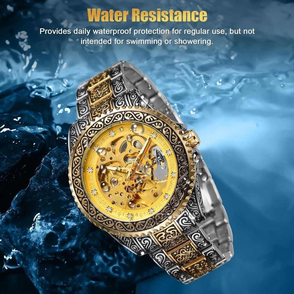 Luxury Mens Stainless Steel Automatic Mechanical Wrist Watch Gold Tone Skeleton Design 2
