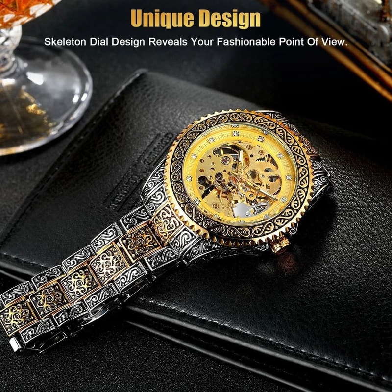 Luxury Mens Stainless Steel Automatic Mechanical Wrist Watch Gold Tone Skeleton Design 3