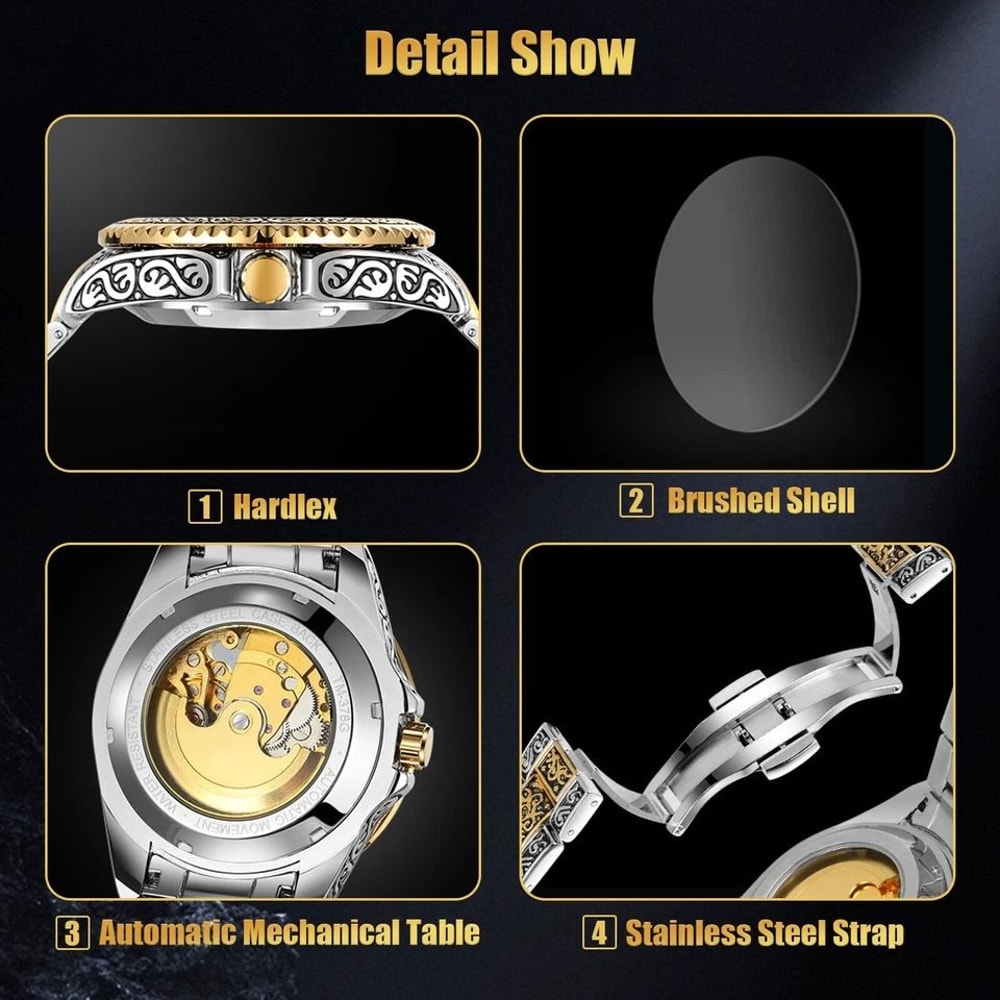 Luxury Mens Stainless Steel Automatic Mechanical Wrist Watch Gold Tone Skeleton Design 4