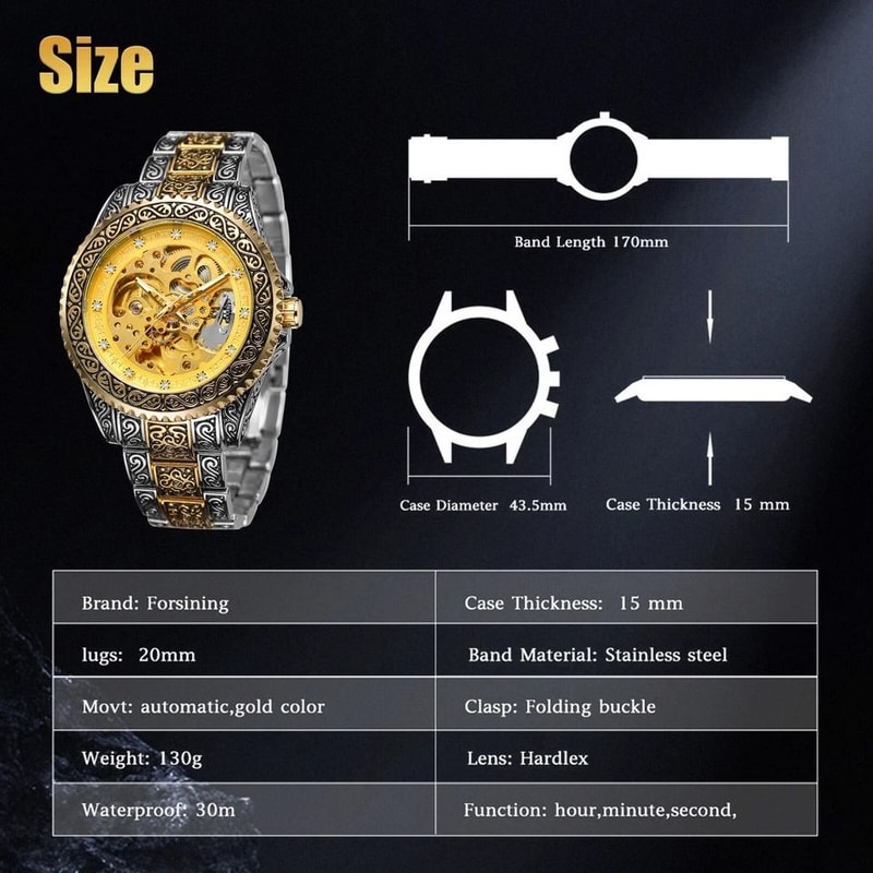 Luxury Mens Stainless Steel Automatic Mechanical Wrist Watch Gold Tone Skeleton Design 5