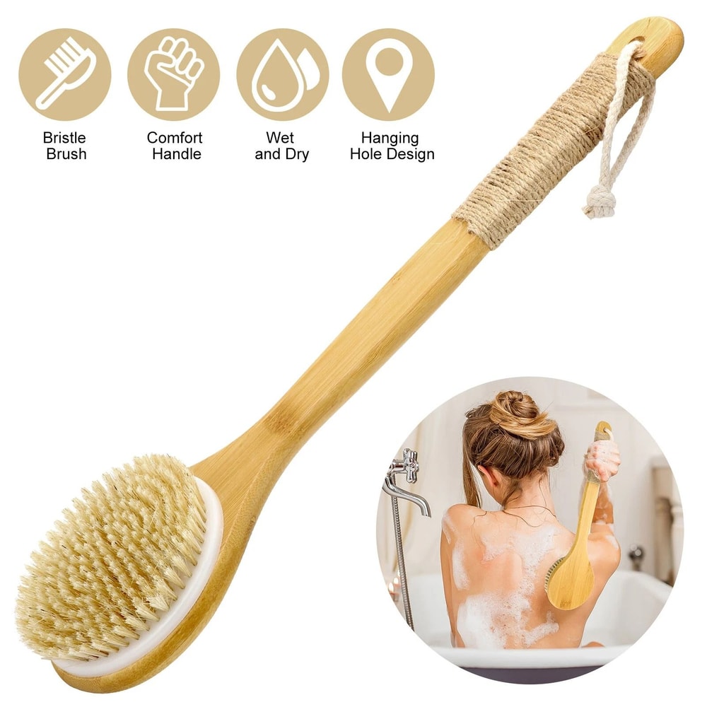 Long Handle Bamboo Bath Brush With Soft Bristles Exfoliating Back Scrubber Shower Cleanser 7