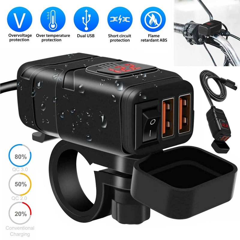 Motorcycle USB Charger Quick Charge Dual USB For Phones GPS Waterproof Handlebar Mount 6