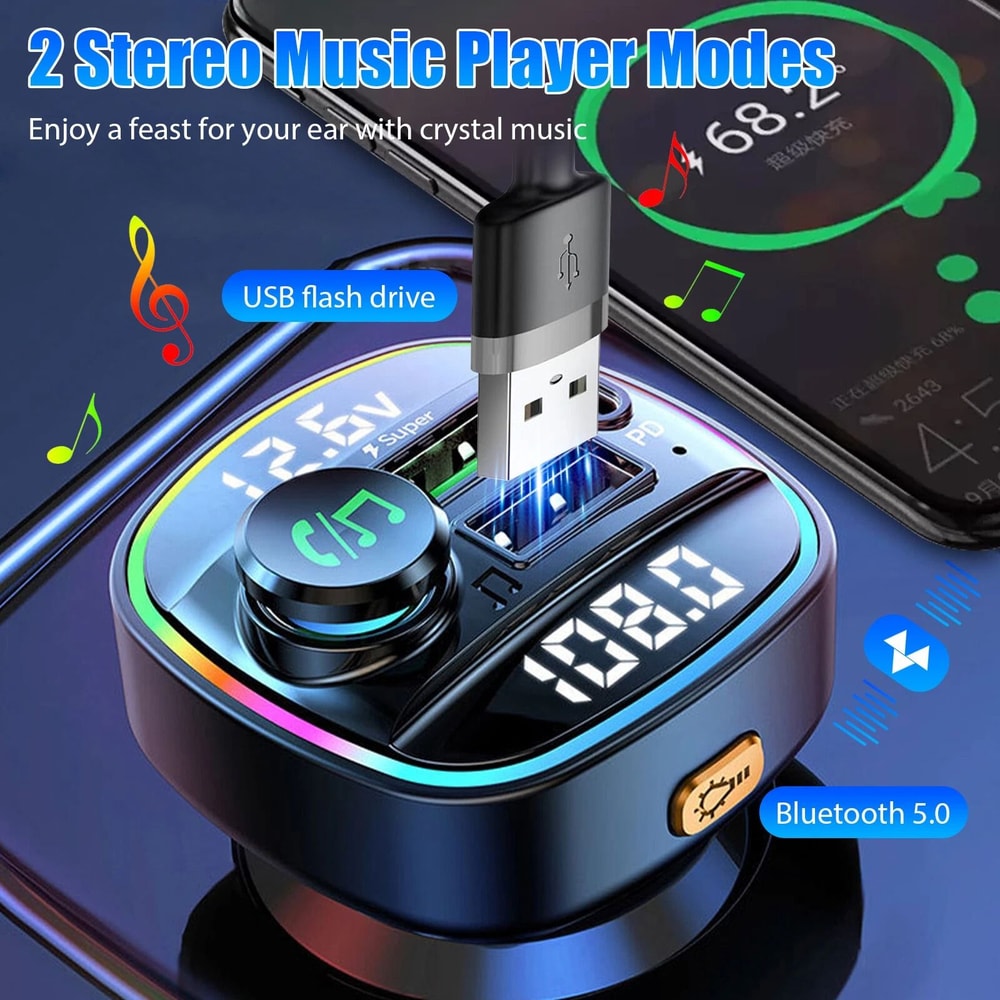 Bluetooth FM Transmitter Car Adapter With USB PD Charger HandsFree Calling 9