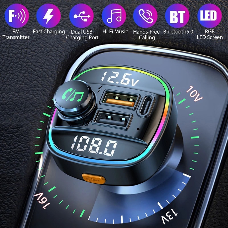 Bluetooth FM Transmitter Car Adapter With USB PD Charger HandsFree Calling 8