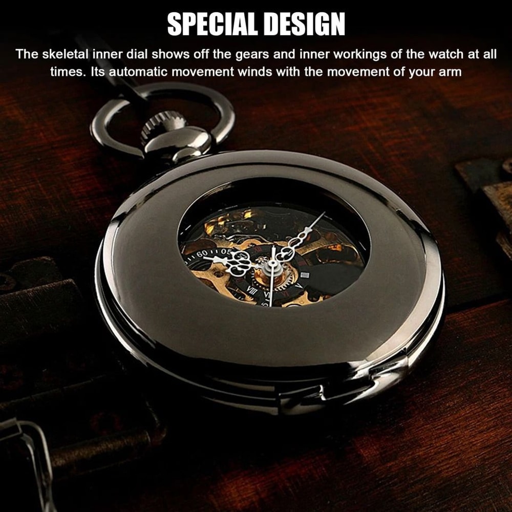 Mens Mechanical Pocket Watch Steampunk Skeleton Black Retro Luxury Chain 1