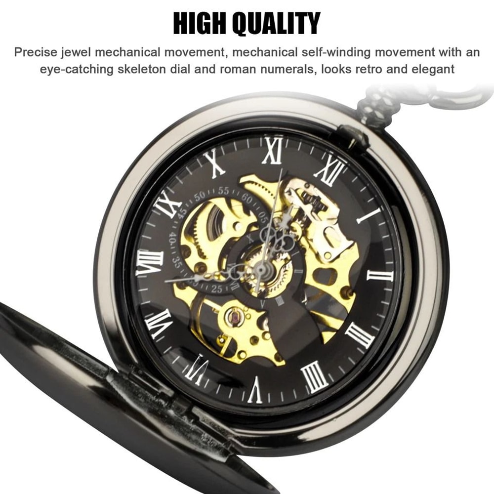Mens Mechanical Pocket Watch Steampunk Skeleton Black Retro Luxury Chain 2