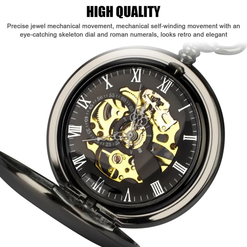 Mens Mechanical Pocket Watch Steampunk Skeleton Black Retro Luxury Chain 2