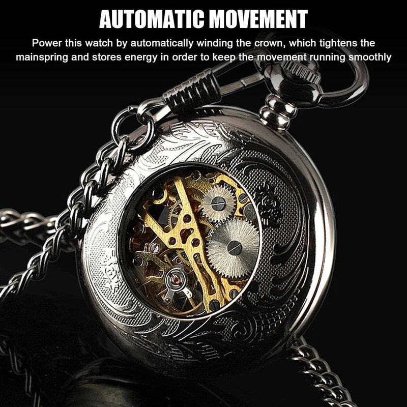 Mens Mechanical Pocket Watch Steampunk Skeleton Black Retro Luxury Chain 3