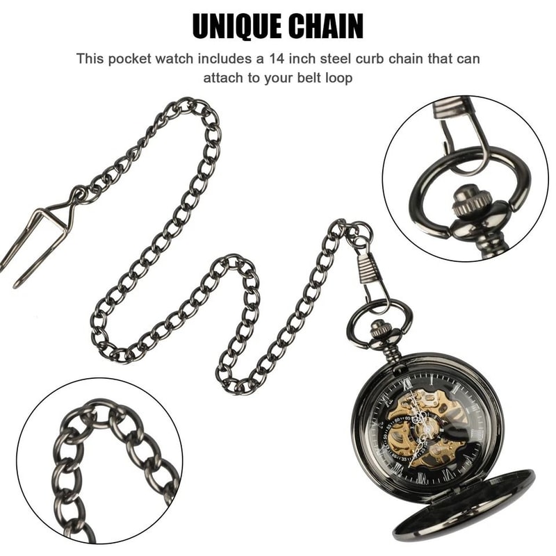 Mens Mechanical Pocket Watch Steampunk Skeleton Black Retro Luxury Chain 4
