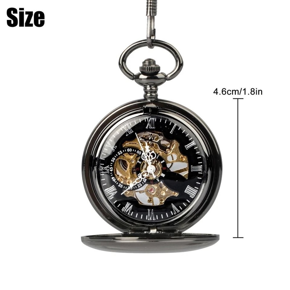 Mens Mechanical Pocket Watch Steampunk Skeleton Black Retro Luxury Chain 5