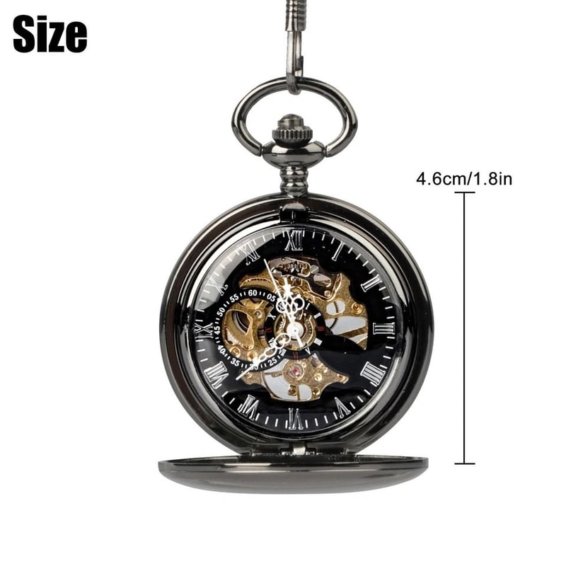 Mens Mechanical Pocket Watch Steampunk Skeleton Black Retro Luxury Chain 5