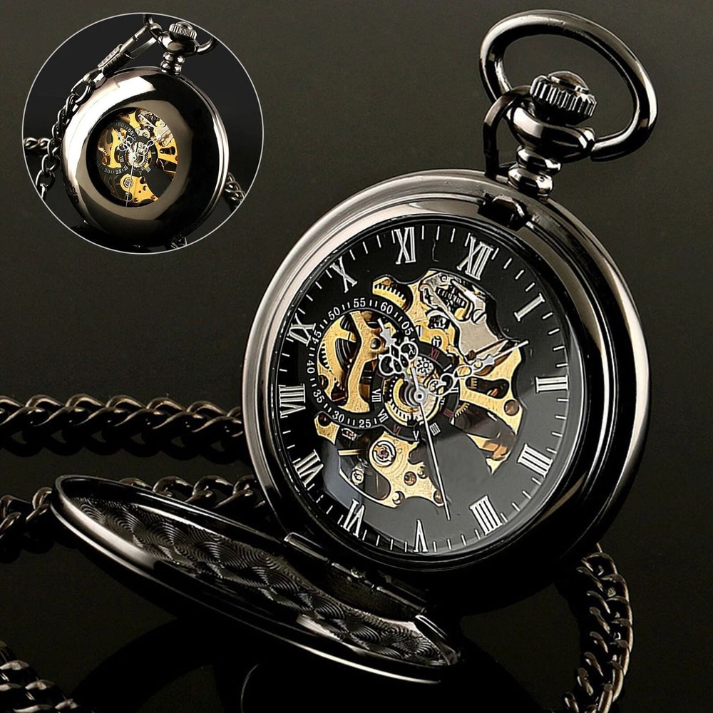 Mens Mechanical Pocket Watch Steampunk Skeleton Black Retro Luxury Chain 0