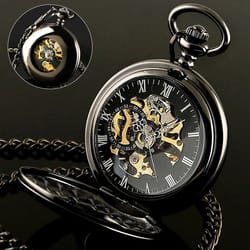 men's mechanical pocket watch steampunk skeleton black retro luxury chain