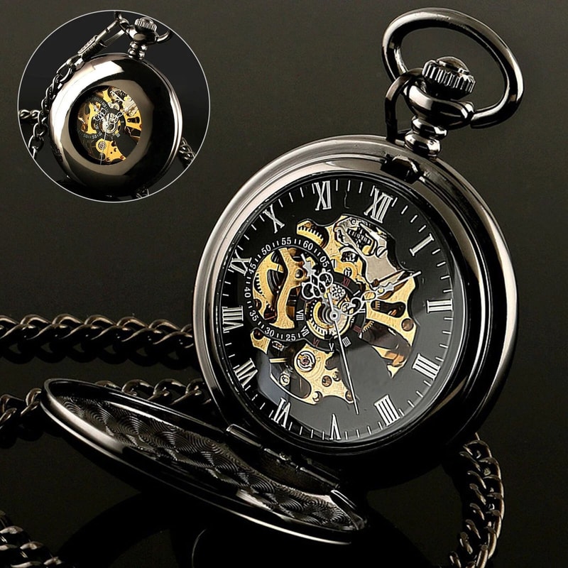 Mens Mechanical Pocket Watch Steampunk Skeleton Black Retro Luxury Chain 0