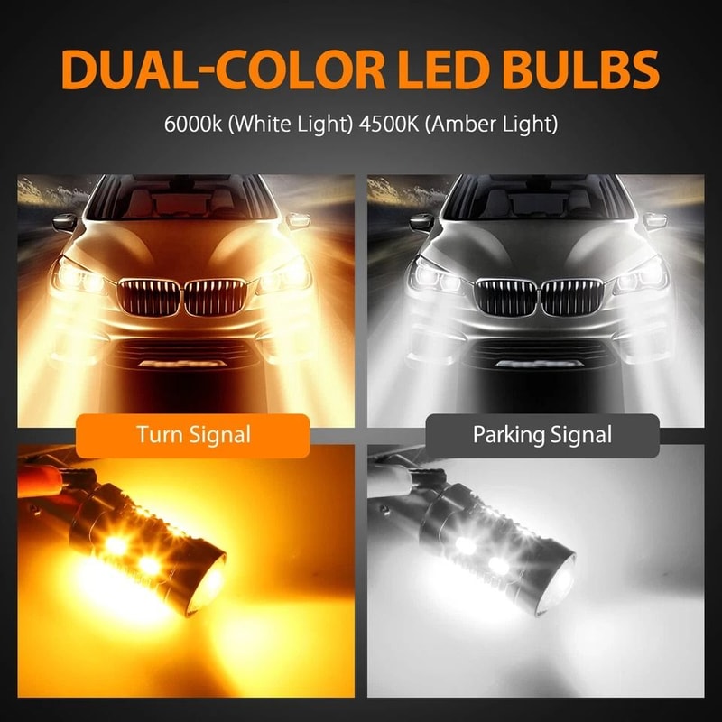 WhiteAmber LED DRL Switchback Turn Signal Parking Light Bulbs Dual Color For Vehicles 3