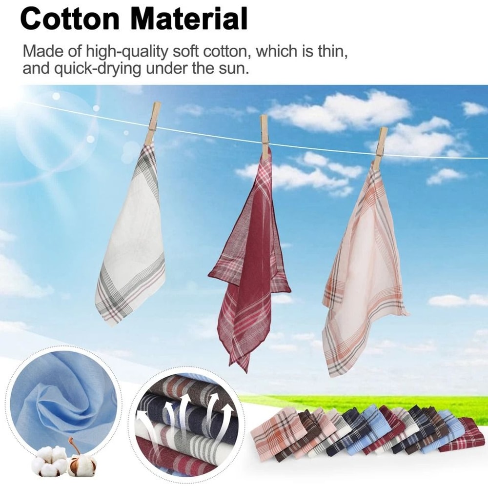 Plaid Cotton Handkerchief Set Soft Absorbent Classic Pocket Squares 12