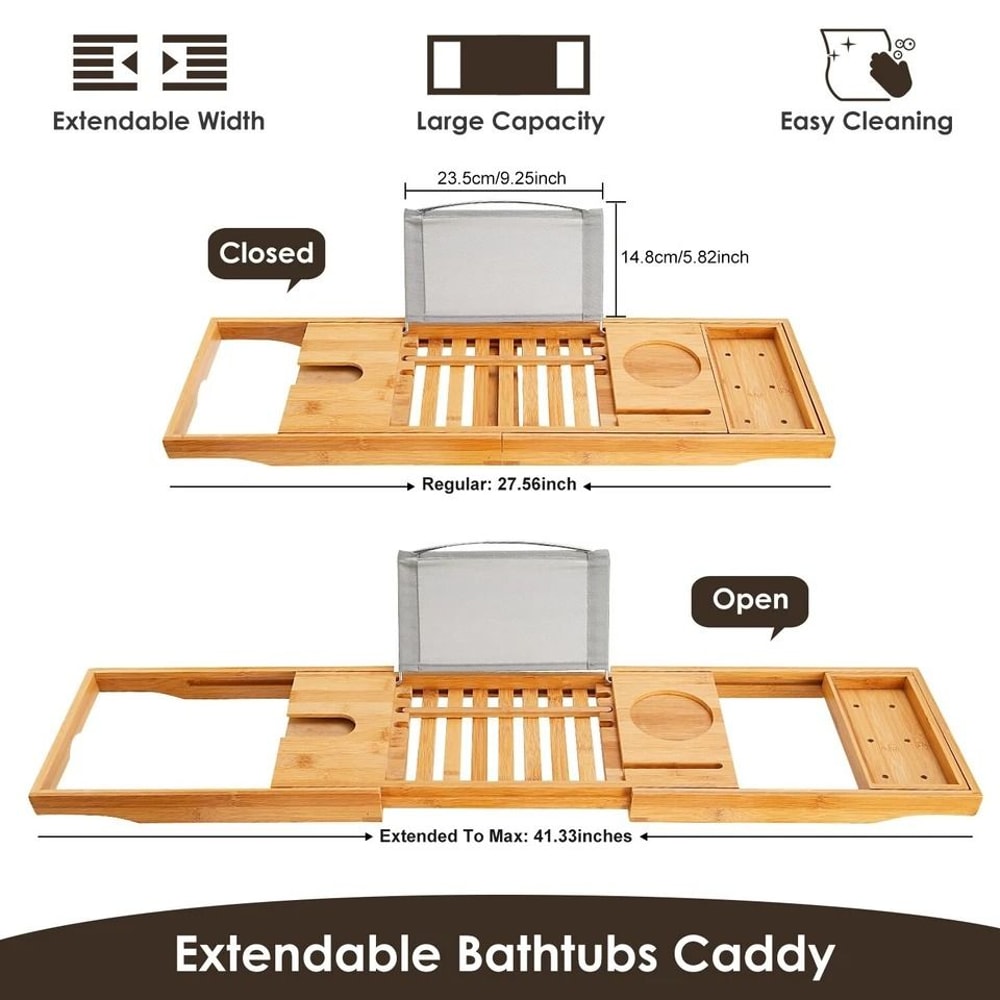 Premium Bamboo Bath Tray Caddy Extendable Bathtub Shelf With Wine Tablet Holder 3