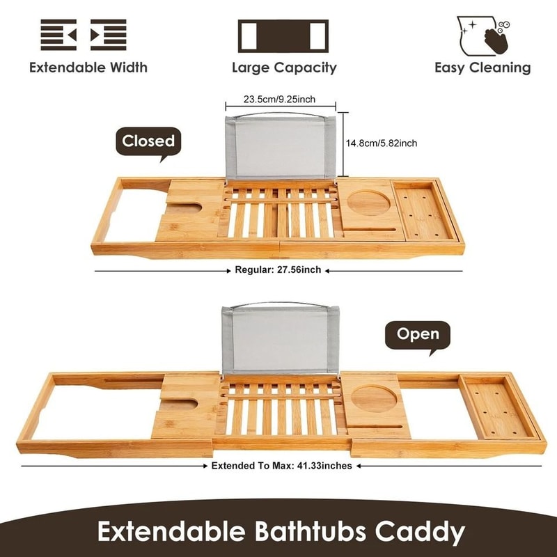 Premium Bamboo Bath Tray Caddy Extendable Bathtub Shelf With Wine Tablet Holder 3