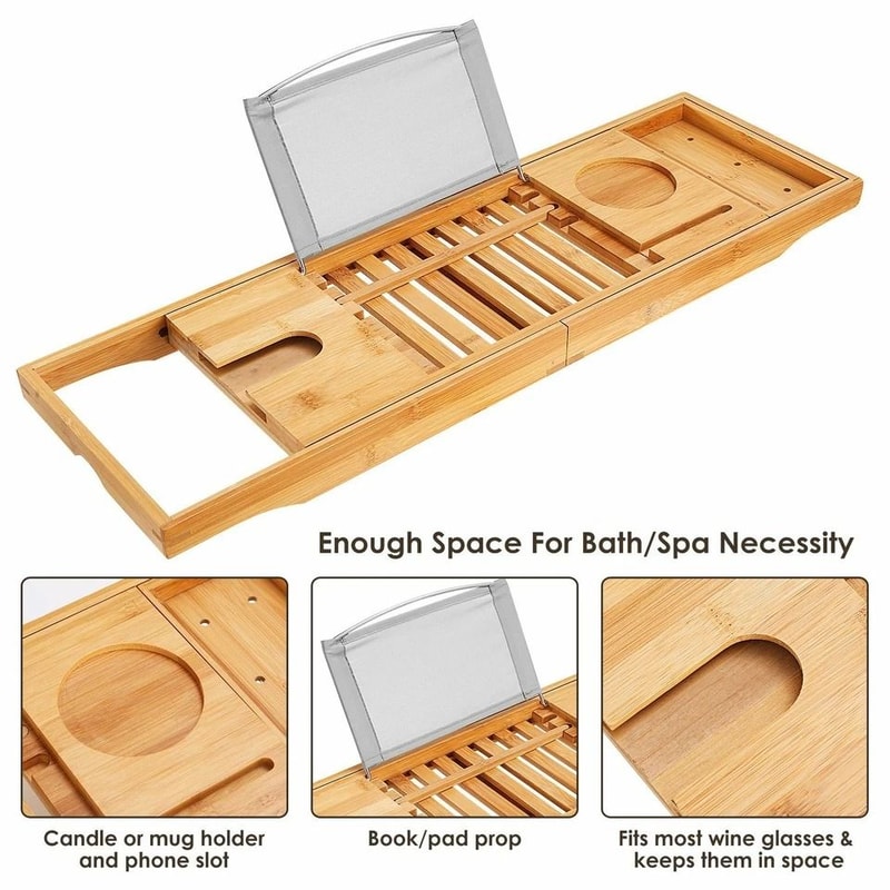 Premium Bamboo Bath Tray Caddy Extendable Bathtub Shelf With Wine Tablet Holder 5