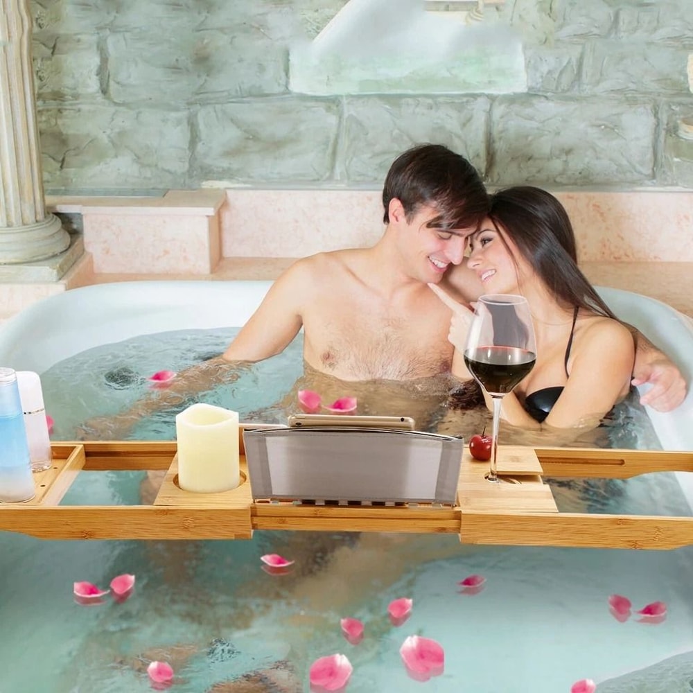 Premium Bamboo Bath Tray Caddy Extendable Bathtub Shelf With Wine Tablet Holder 6