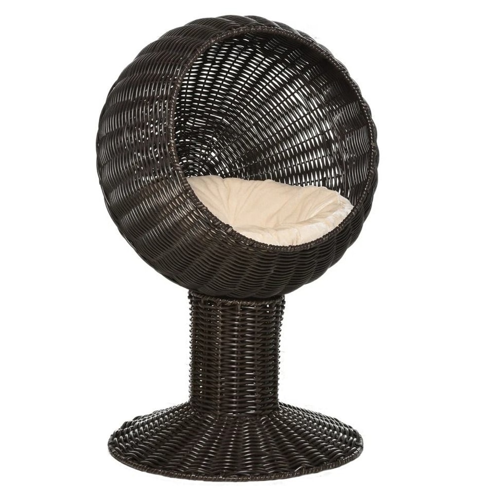 Rattan Wicker Elevated Cat House With Cushion Cozy Kitty Scratch House For Indoor Cats 2