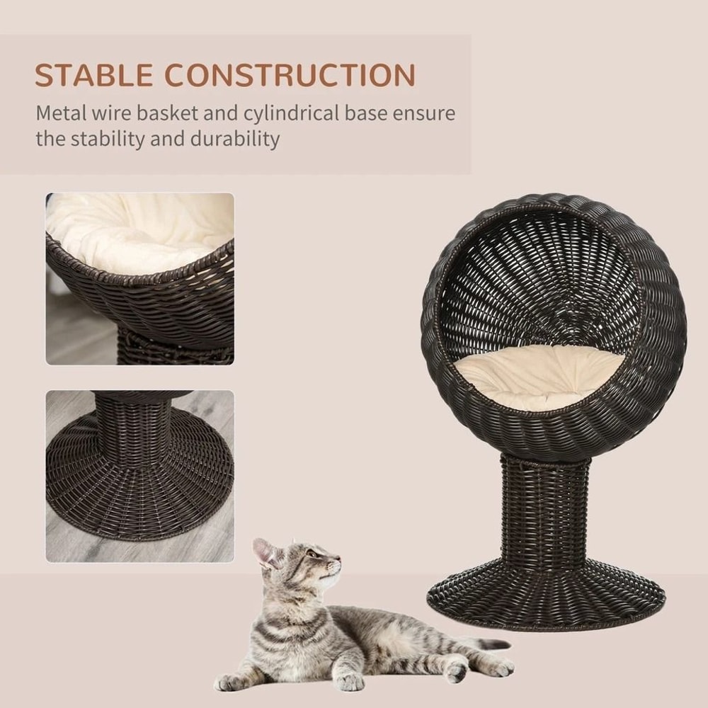 Rattan Wicker Elevated Cat House With Cushion Cozy Kitty Scratch House For Indoor Cats 3