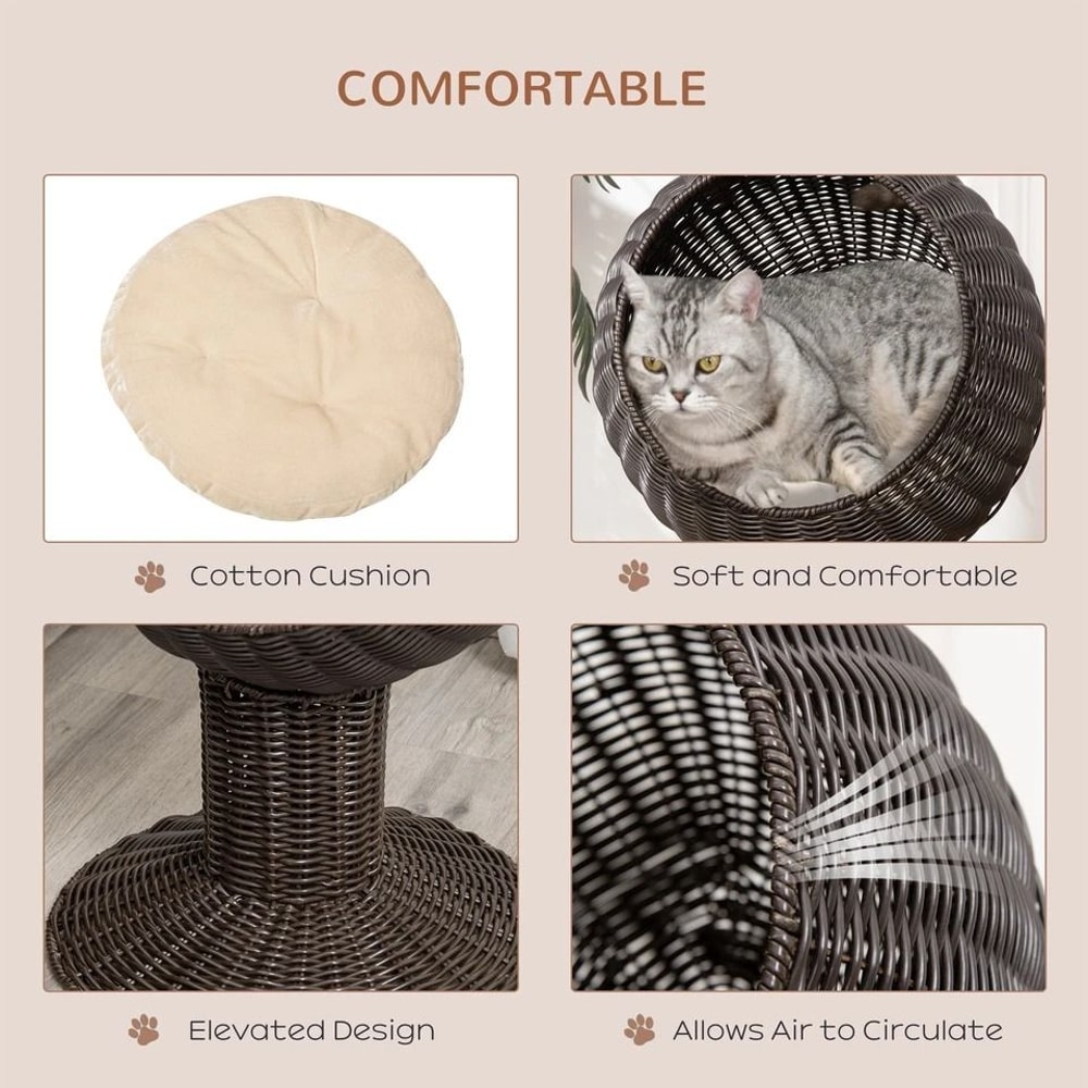 Rattan Wicker Elevated Cat House With Cushion Cozy Kitty Scratch House For Indoor Cats 4