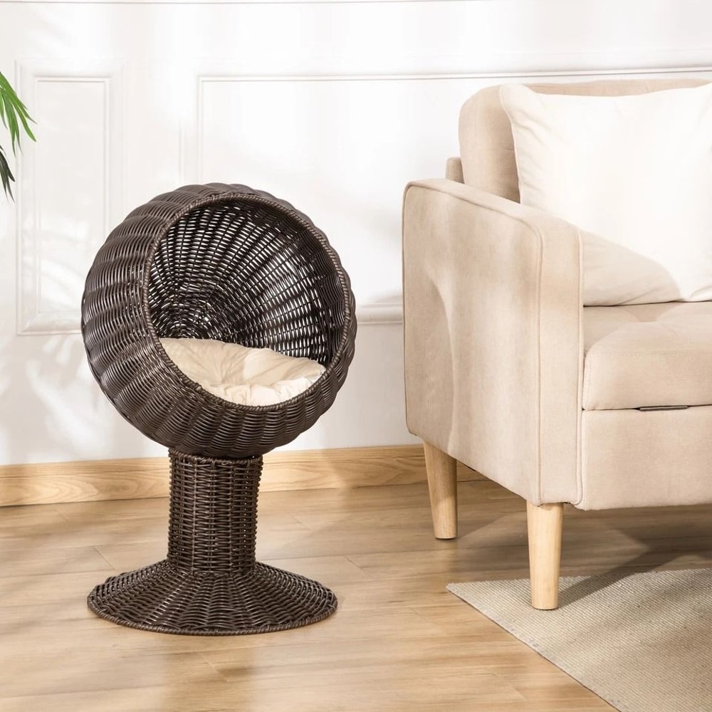 Rattan Wicker Elevated Cat House With Cushion Cozy Kitty Scratch House For Indoor Cats 0