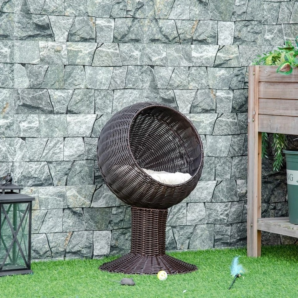 Rattan Wicker Elevated Cat House With Cushion Cozy Kitty Scratch House For Indoor Cats 6