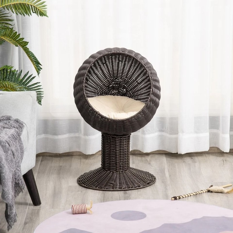 Rattan Wicker Elevated Cat House With Cushion Cozy Kitty Scratch House For Indoor Cats 7