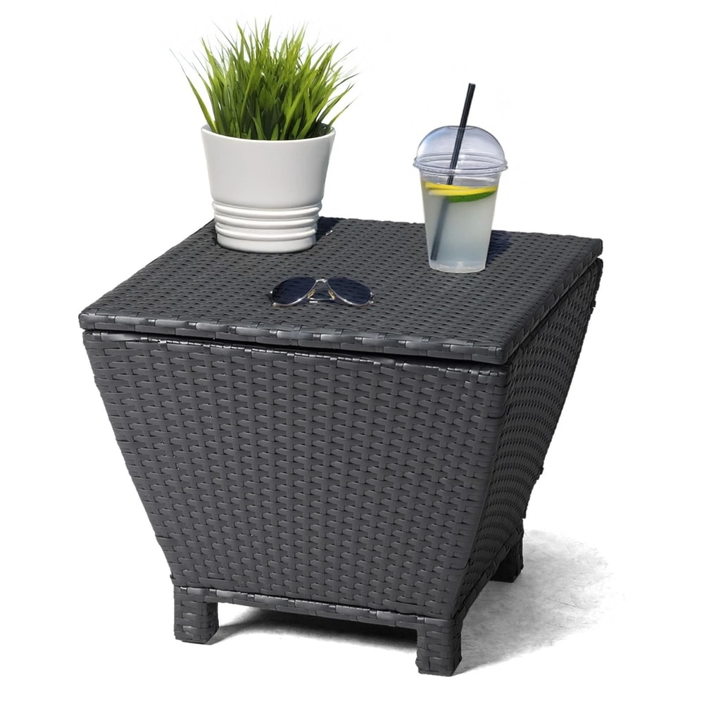 Outdoor Wicker Side Table With Storage Trapezium Design For Patio Garden Use 0