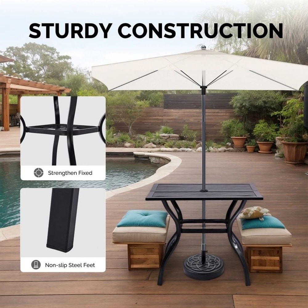 Outdoor Metal Bar Table With Umbrella Hole Durable Slatted Design 3