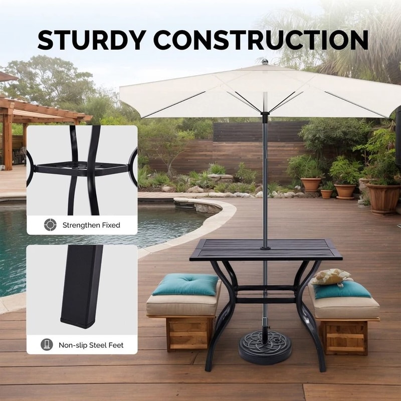 Outdoor Metal Bar Table With Umbrella Hole Durable Slatted Design 3