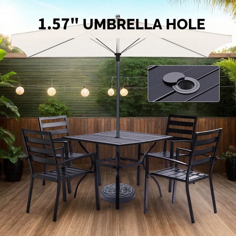 Outdoor Metal Bar Table With Umbrella Hole Durable Slatted Design 5