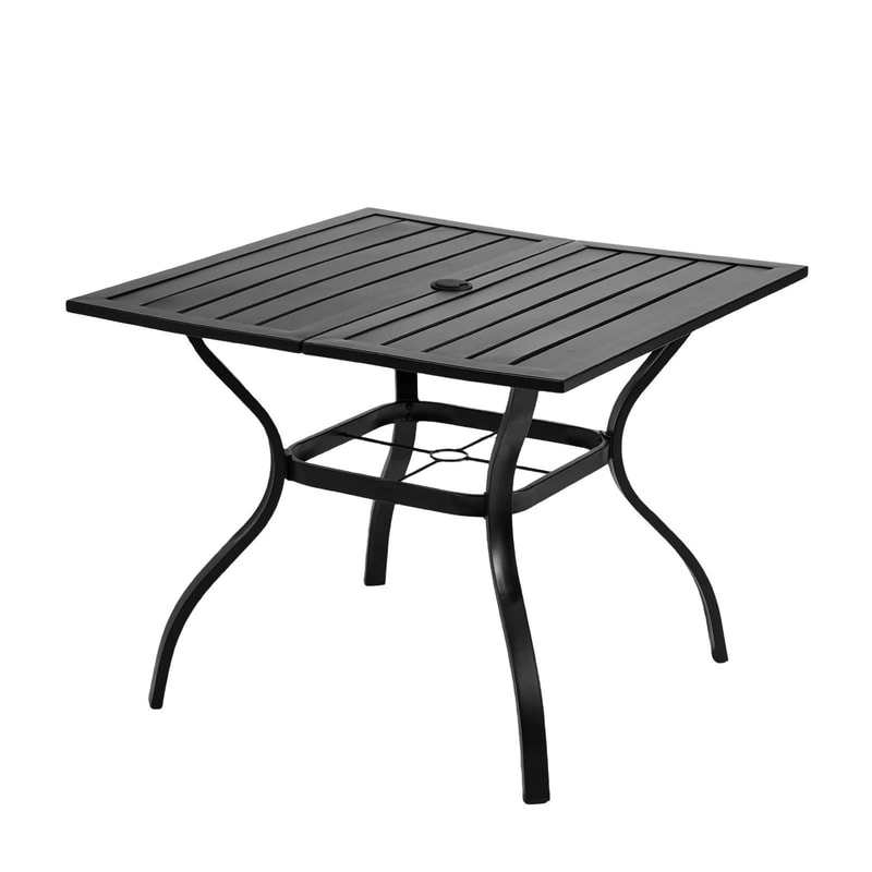 Outdoor Metal Bar Table With Umbrella Hole Durable Slatted Design 6