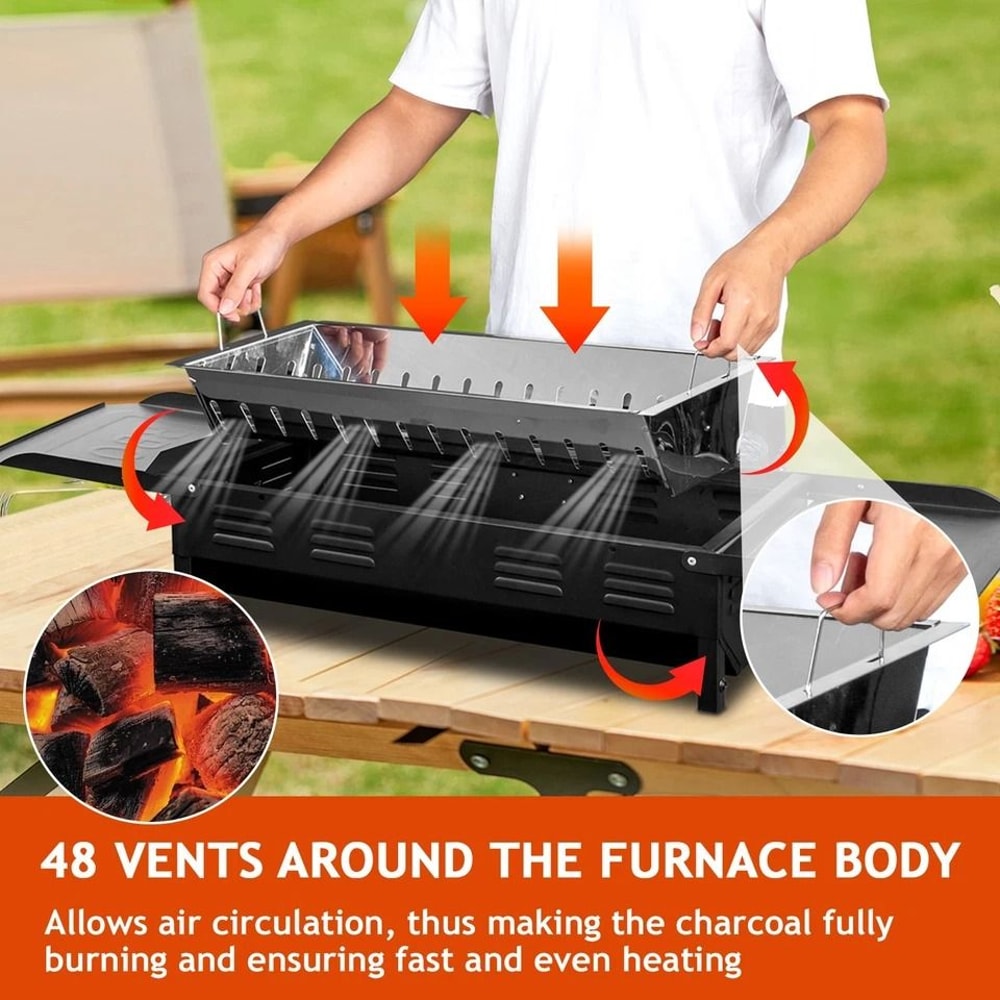 Portable BBQ Charcoal Grill With Foldable Kabob Rack Carry Bag Perfect For Outdoor Cooking Picnic