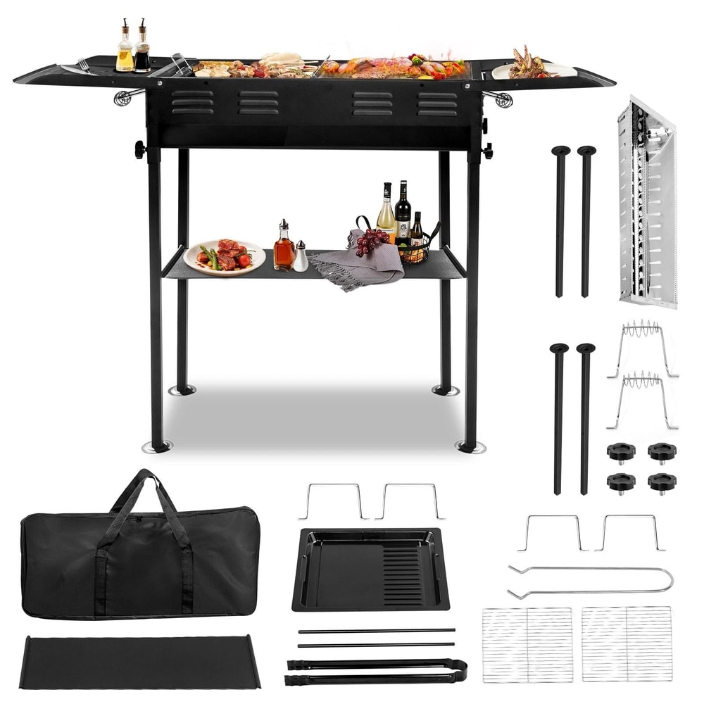 Portable BBQ Charcoal Grill With Foldable Kabob Rack Carry Bag Perfect For Outdoor Cooking Picnic