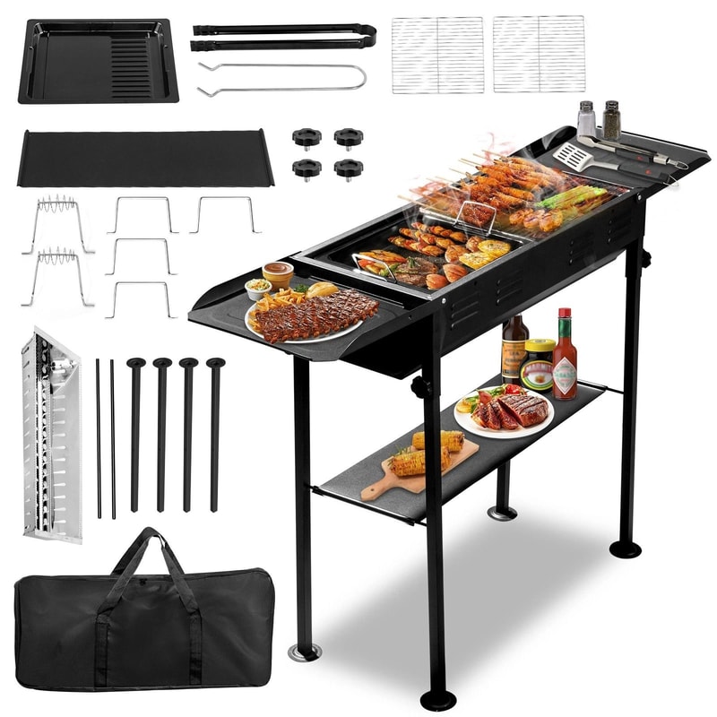 Portable BBQ Charcoal Grill With Foldable Kabob Rack Carry Bag Perfect For Outdoor Cooking Picnic