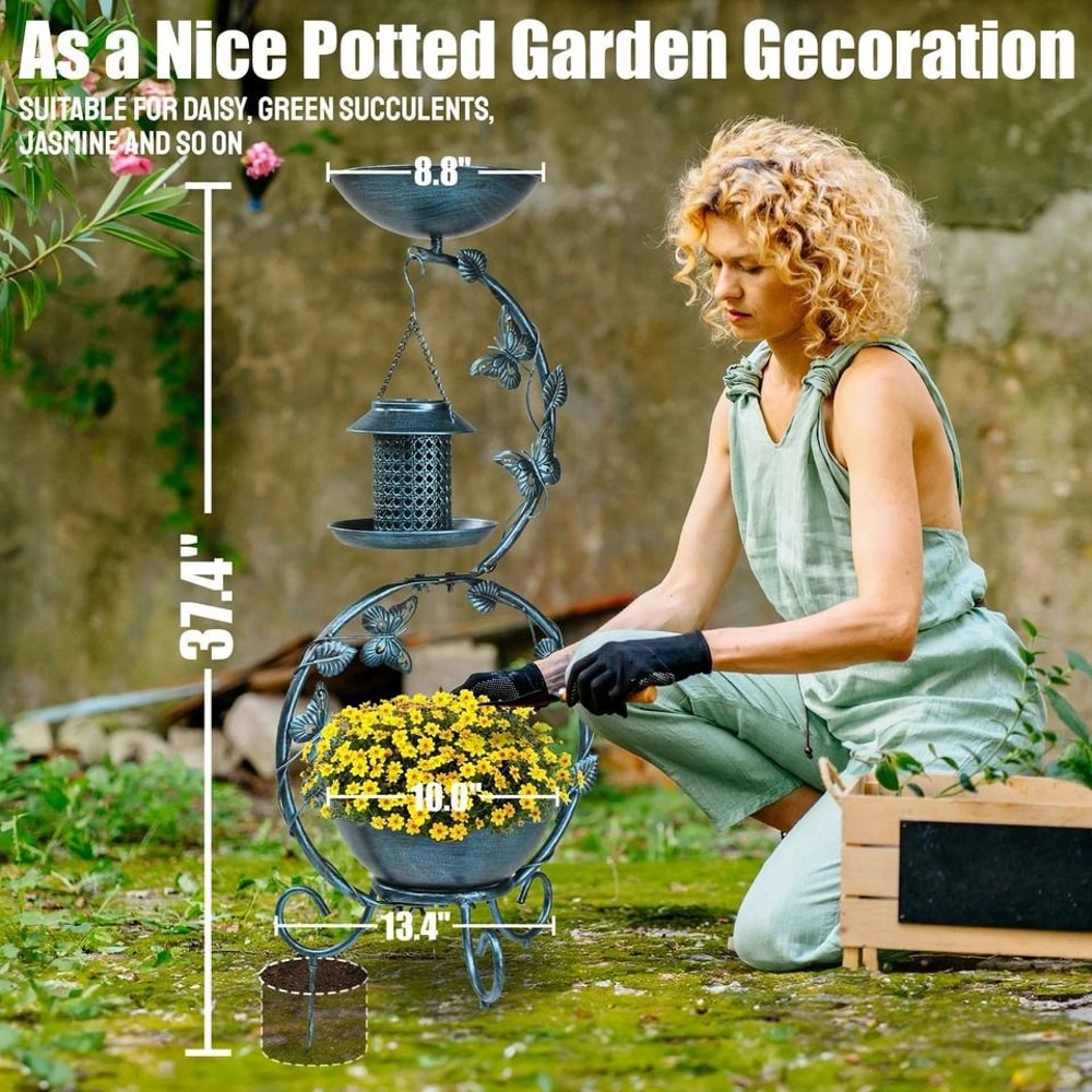 Vintage Outdoor Bird Bath With Solar Feeder Planter Pedestal Blue Garden Decor 1
